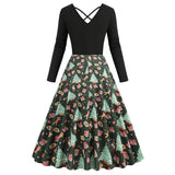 1950S Black Christmas Santa Hat Print Long Sleeve Vintage Dress
