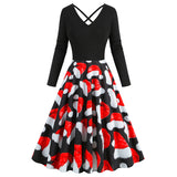1950S Black Christmas Santa Hat Print Long Sleeve Vintage Dress
