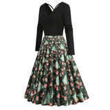 1950S Black Christmas Santa Hat Print Long Sleeve Vintage Dress