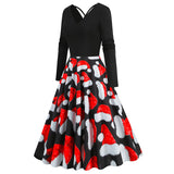1950S Black Christmas Santa Hat Print Long Sleeve Vintage Dress