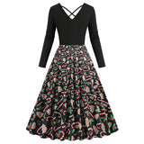 1950S Black Christmas Santa Hat Print Long Sleeve Vintage Dress