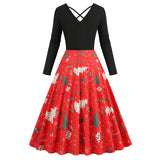 1950S Black Christmas Santa Hat Print Long Sleeve Vintage Dress
