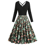 1950S Black Christmas Santa Hat Print Long Sleeve Vintage Dress