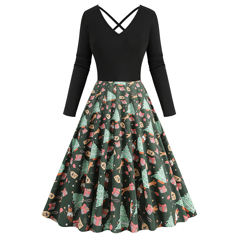 1950S Black Christmas Santa Hat Print Long Sleeve Vintage Dress