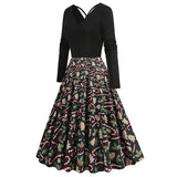 1950S Black Christmas Santa Hat Print Long Sleeve Vintage Dress