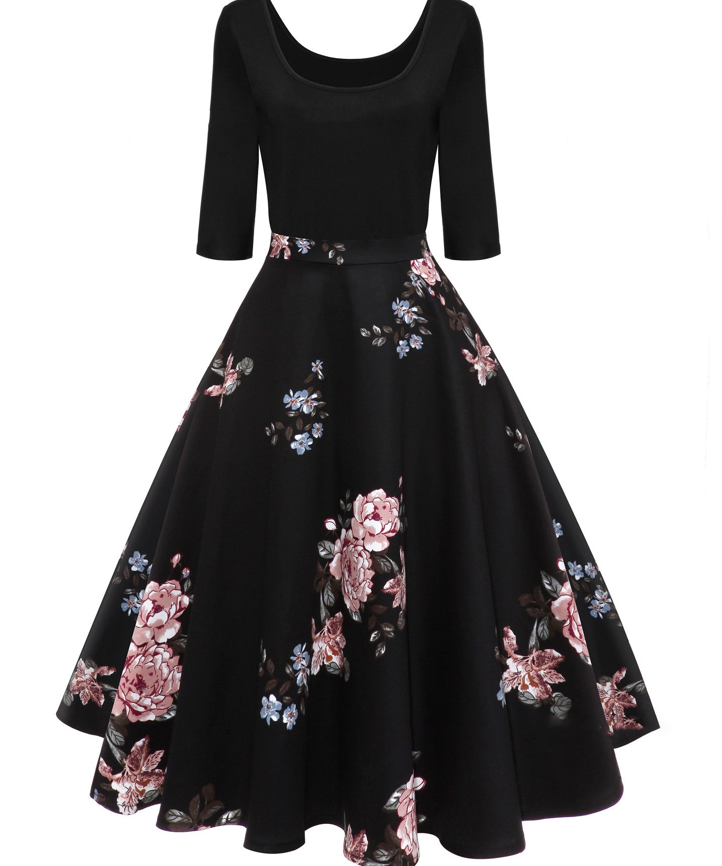 1950S Black Floral Bird Print 3/4 Sleeve Vintage Swing Dress