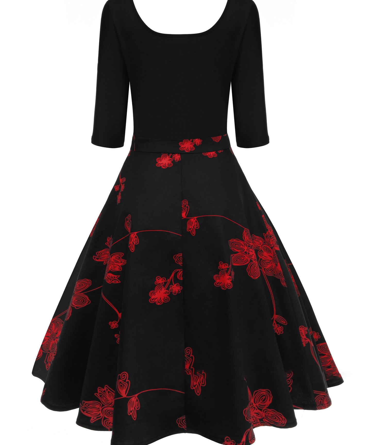 1950S Black Floral Bird Print 3/4 Sleeve Vintage Swing Dress