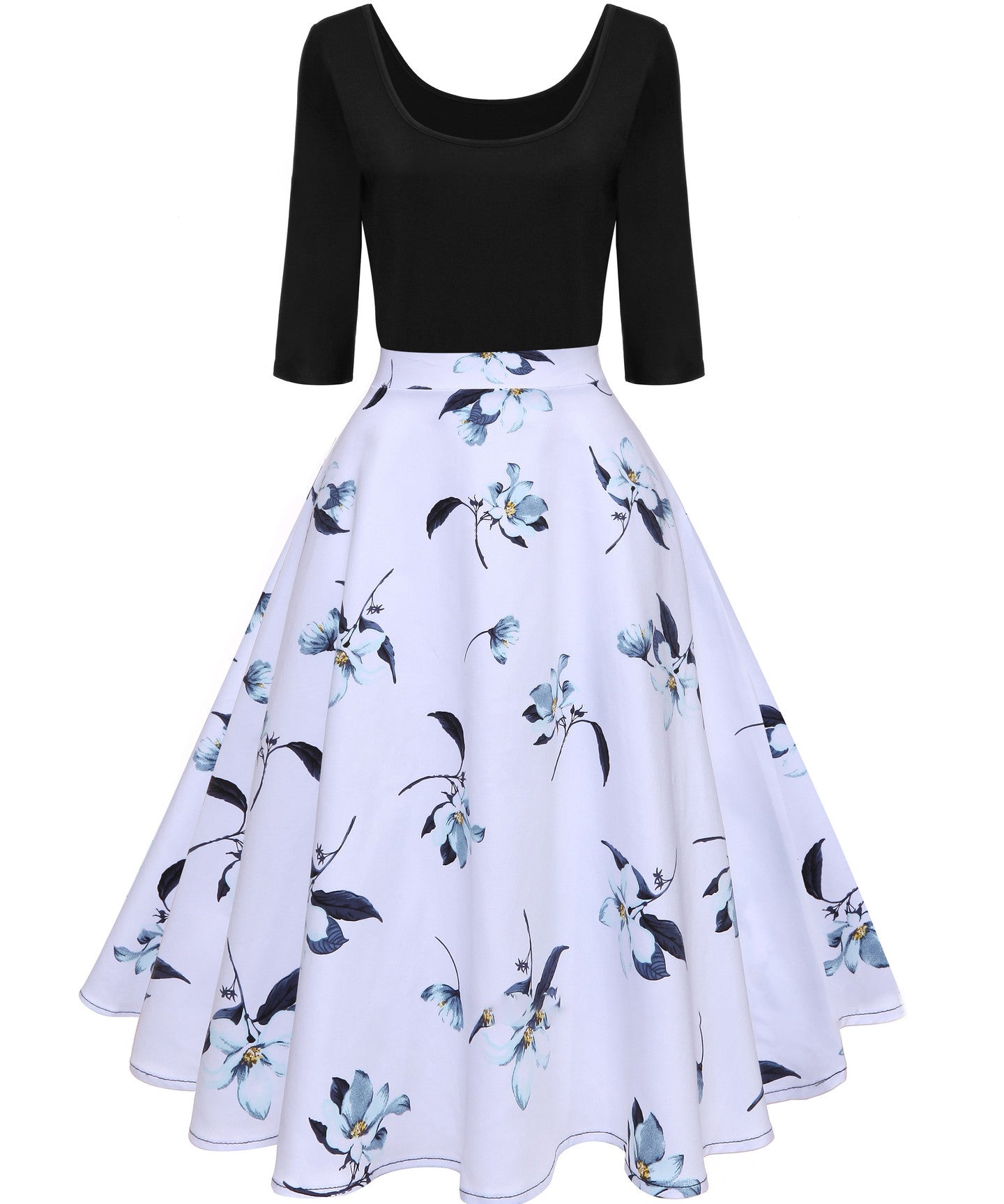 1950S Black Floral Bird Print 3/4 Sleeve Vintage Swing Dress