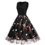 1950S Black Floral Embroidered Sleeveless Vintage Dress