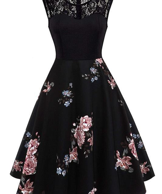 1950S Black Floral Lace Patchwork Sleeveless Vintage Swing Dress