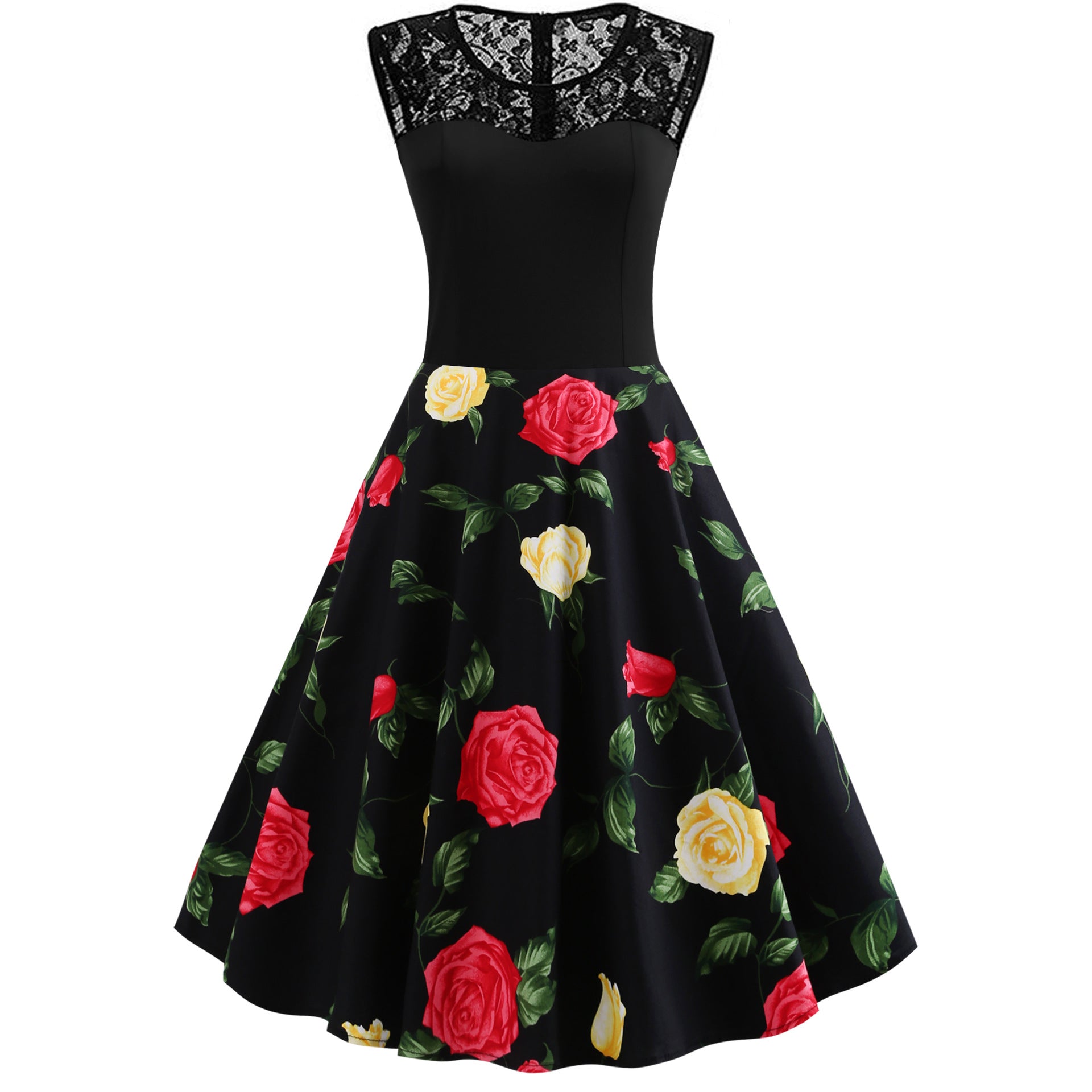 1950S Black Floral Lace Patchwork Sleeveless Vintage Swing Dress