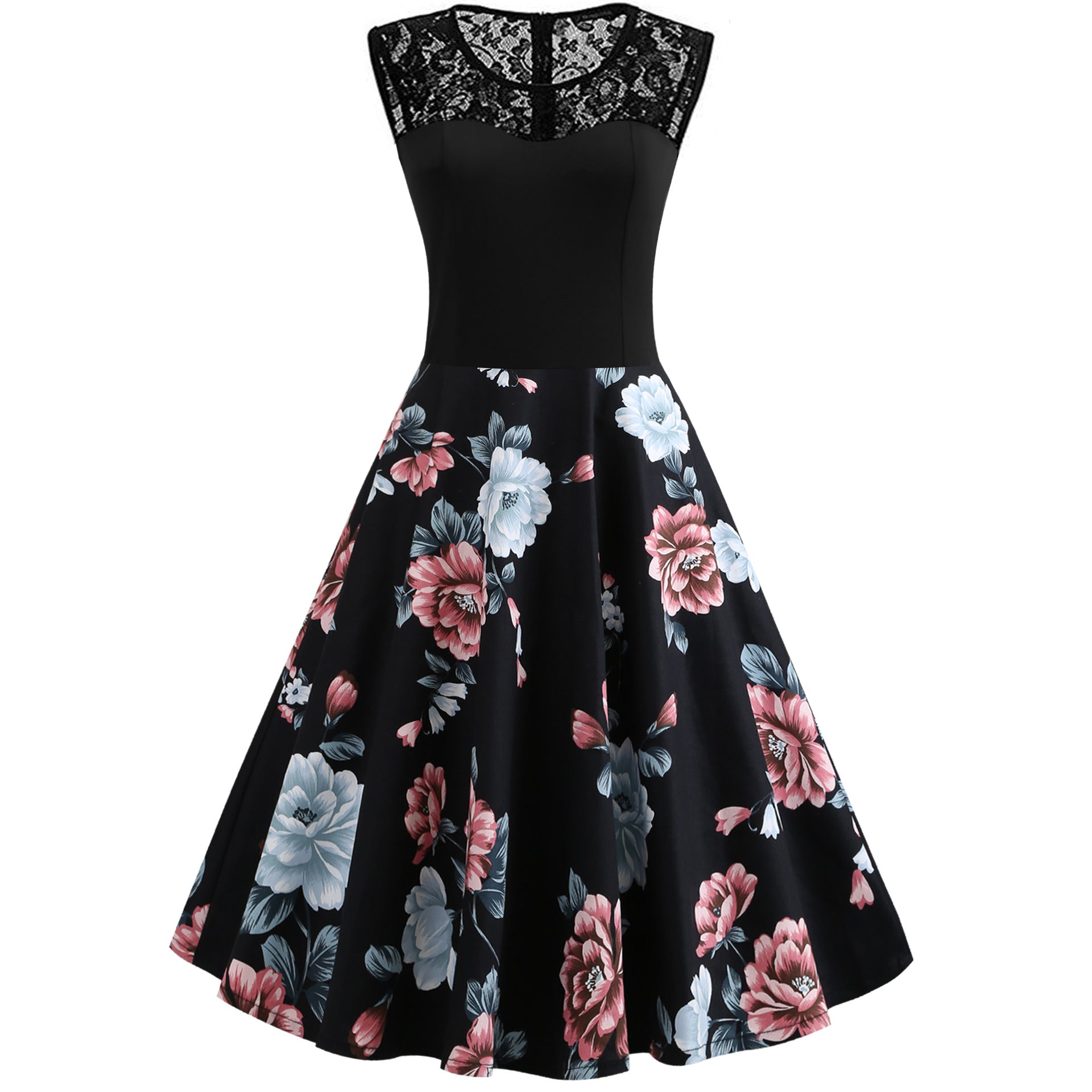 1950S Black Floral Lace Patchwork Sleeveless Vintage Swing Dress