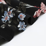 1950S Black Floral Print Bow Tie Neck Belted 3/4 Sleeve Vintage Dress