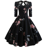 1950S Black Floral Print Bow Tie Neck Belted 3/4 Sleeve Vintage Dress