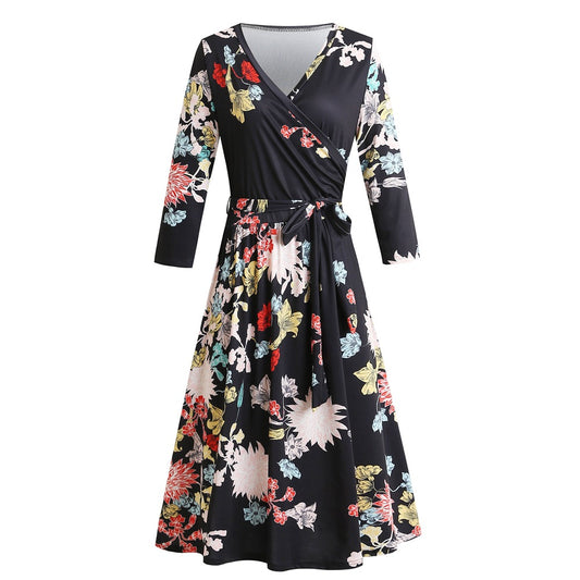 1950s Black Floral Print V-Neck Wrap Vintage Dress