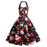1950s Black Halter Christmas Print Vintage Dress with Santa and Snowflake Patterns