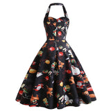 1950s Black Halter Christmas Print Vintage Dress with Santa and Snowflake Patterns