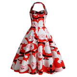1950s Black Halter Christmas Print Vintage Dress with Santa and Snowflake Patterns