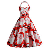 1950s Black Halter Christmas Print Vintage Dress with Santa and Snowflake Patterns