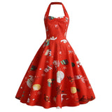 1950s Black Halter Christmas Print Vintage Dress with Santa and Snowflake Patterns