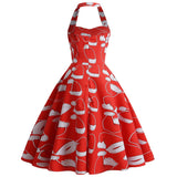 1950s Black Halter Christmas Print Vintage Dress with Santa and Snowflake Patterns