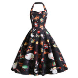 1950s Black Halter Christmas Print Vintage Dress with Santa and Snowflake Patterns