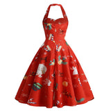 1950s Black Halter Christmas Print Vintage Dress with Santa and Snowflake Patterns