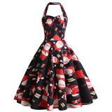 1950s Black Halter Christmas Print Vintage Dress with Santa and Snowflake Patterns