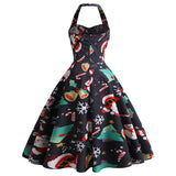 1950s Black Halter Christmas Print Vintage Dress with Santa and Snowflake Patterns