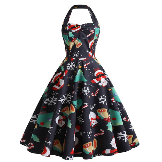 1950s Black Halter Christmas Print Vintage Dress with Santa and Snowflake Patterns