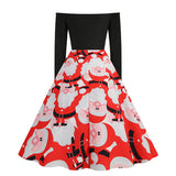 1950s Black Off-Shoulder Santa Print Long Sleeve Vintage Dress