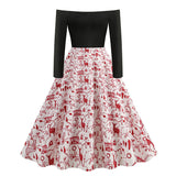 1950s Black Off-Shoulder Santa Print Long Sleeve Vintage Dress