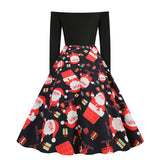 1950s Black Off-Shoulder Santa Print Long Sleeve Vintage Dress