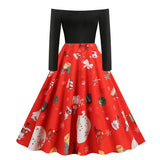 1950s Black Off-Shoulder Santa Print Long Sleeve Vintage Dress