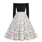 1950s Black Off-Shoulder Santa Print Long Sleeve Vintage Dress