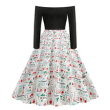 1950s Black Off-Shoulder Santa Print Long Sleeve Vintage Dress