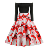 1950s Black Off-Shoulder Santa Print Long Sleeve Vintage Dress