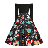 1950s Black Off-Shoulder Santa Print Long Sleeve Vintage Dress