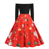 1950s Black Off-Shoulder Santa Print Long Sleeve Vintage Dress