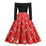 1950s Black Off-Shoulder Santa Print Long Sleeve Vintage Dress