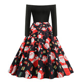 1950s Black Off-Shoulder Santa Print Long Sleeve Vintage Dress