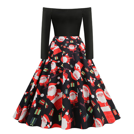1950s Black Off-Shoulder Santa Print Long Sleeve Vintage Dress
