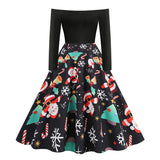 1950s Black Off-Shoulder Santa Print Long Sleeve Vintage Dress
