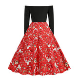 1950s Black Off-Shoulder Santa Print Long Sleeve Vintage Dress