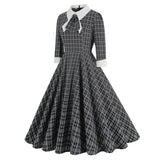 1950S Black Plaid Peter Pan Collar Belted 3/4 Sleeve Vintage Dress