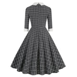 1950S Black Plaid Peter Pan Collar Belted 3/4 Sleeve Vintage Dress
