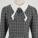 1950S Black Plaid Peter Pan Collar Belted 3/4 Sleeve Vintage Dress