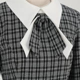 1950S Black Plaid Peter Pan Collar Belted 3/4 Sleeve Vintage Dress