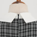 1950S Black Plaid Peter Pan Collar Belted 3/4 Sleeve Vintage Dress