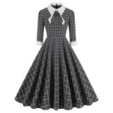 1950S Black Plaid Peter Pan Collar Belted 3/4 Sleeve Vintage Dress